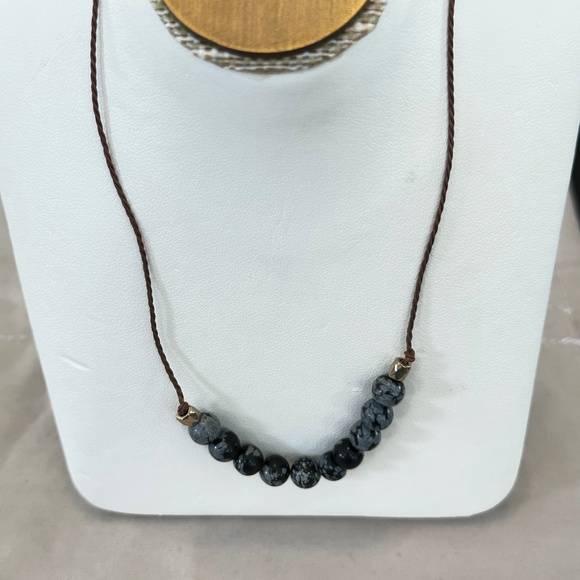 Snowflake Obsidian, round stone choker/necklace on brown cord w/lobster clasp - Picture 10 of 15